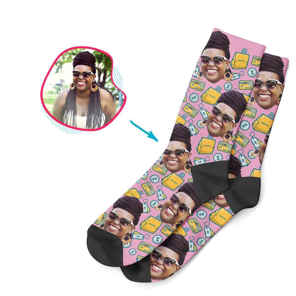 pink Shopping socks personalized with photo of face printed on them