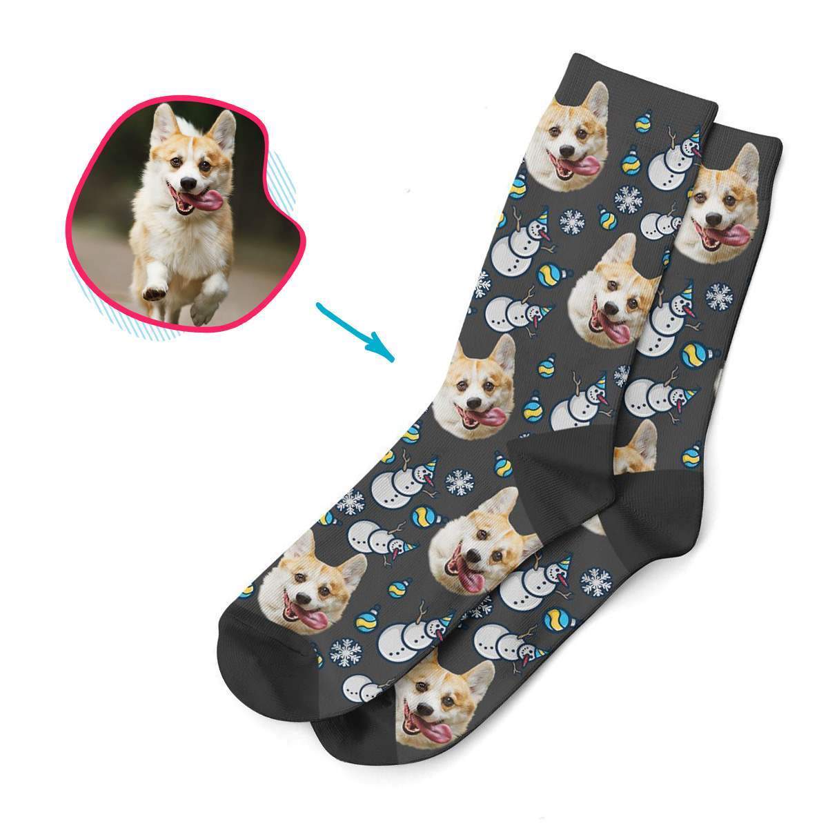 dark Snowman socks personalized with photo of face printed on them