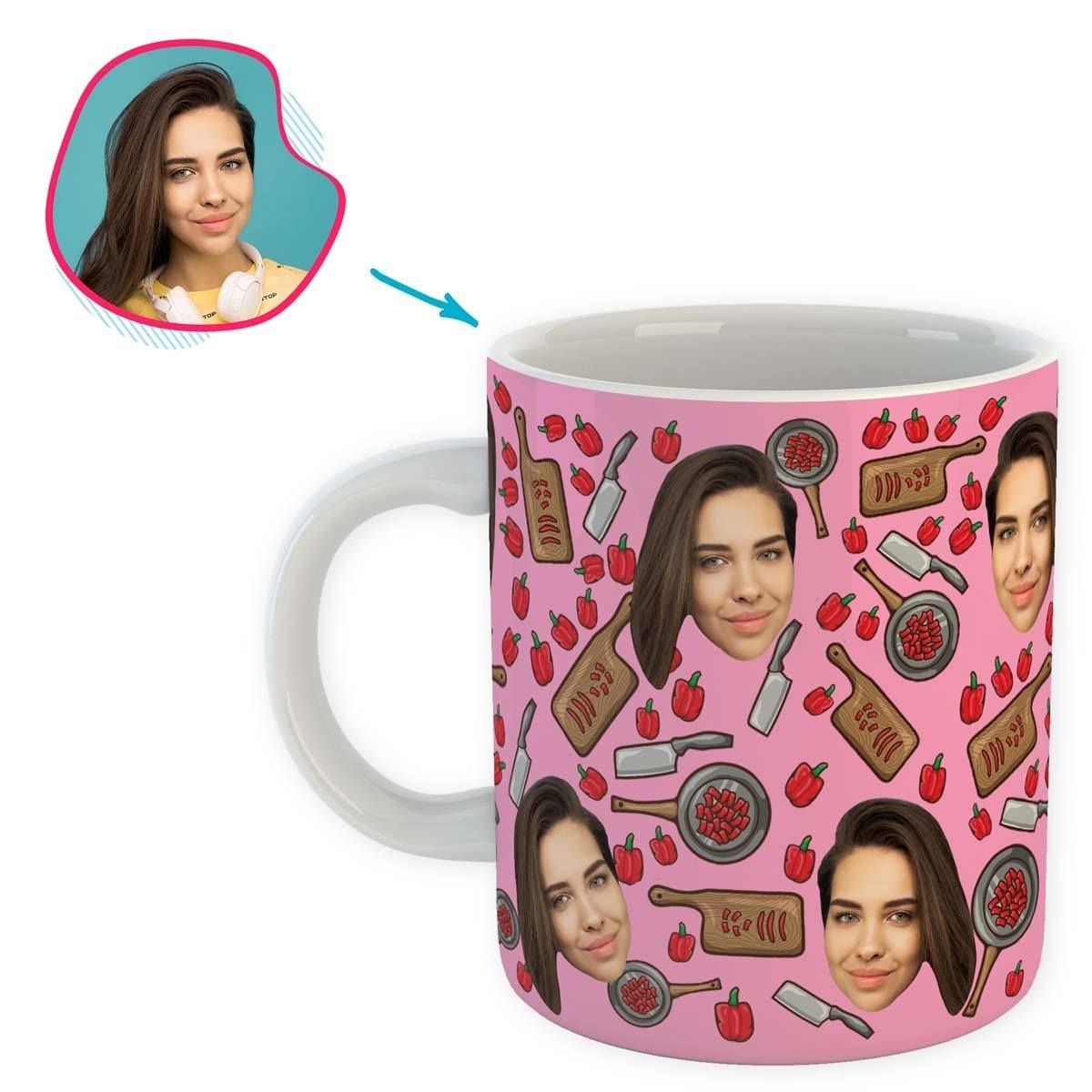 pink Сooking mug personalized with photo of face printed on it