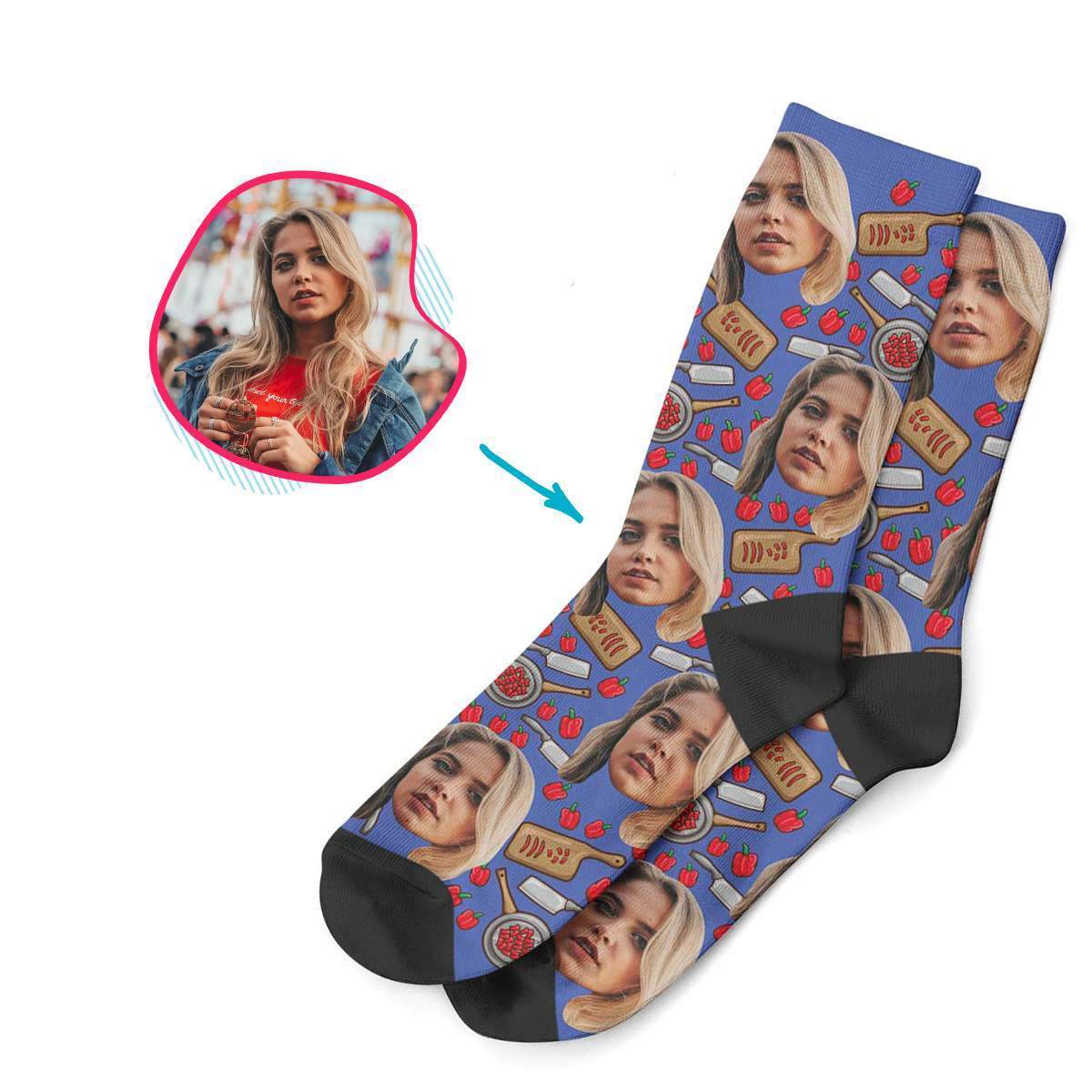 darkblue Сooking socks personalized with photo of face printed on them