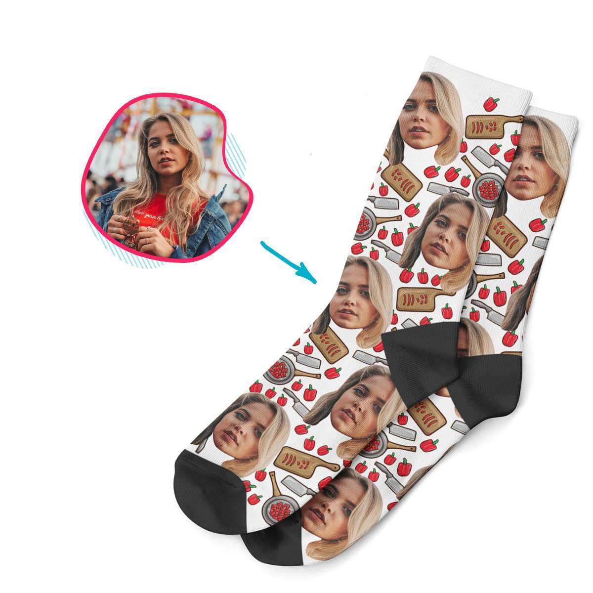 white Сooking socks personalized with photo of face printed on them