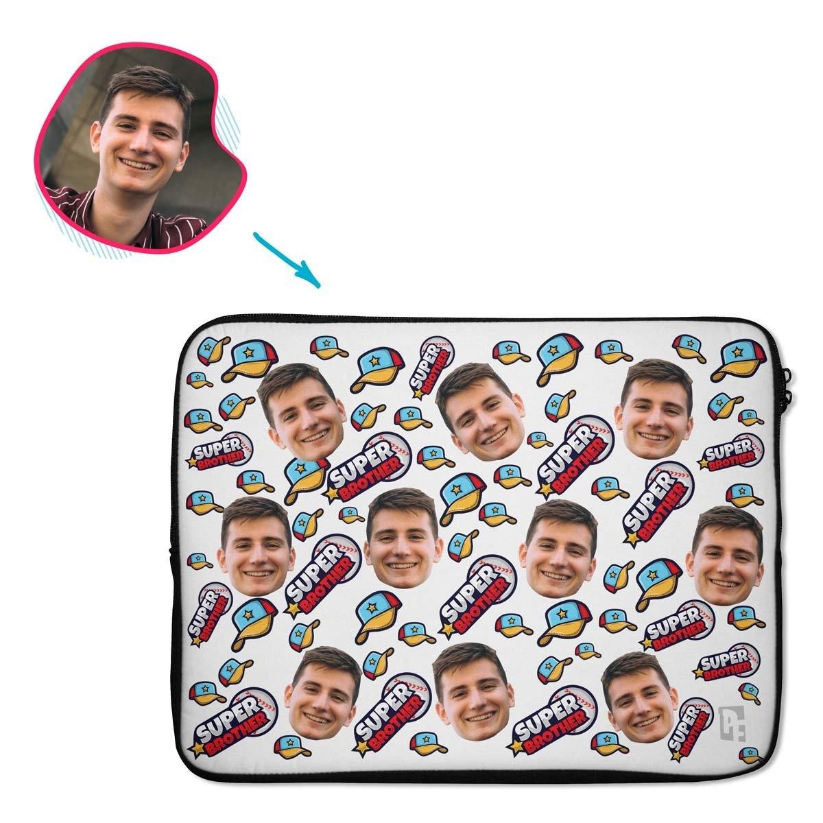 white Super Brother laptop sleeve personalized with photo of face printed on them