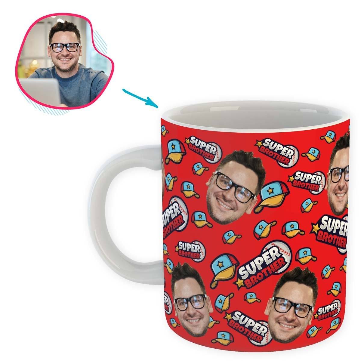 red Super Brother mug personalized with photo of face printed on it