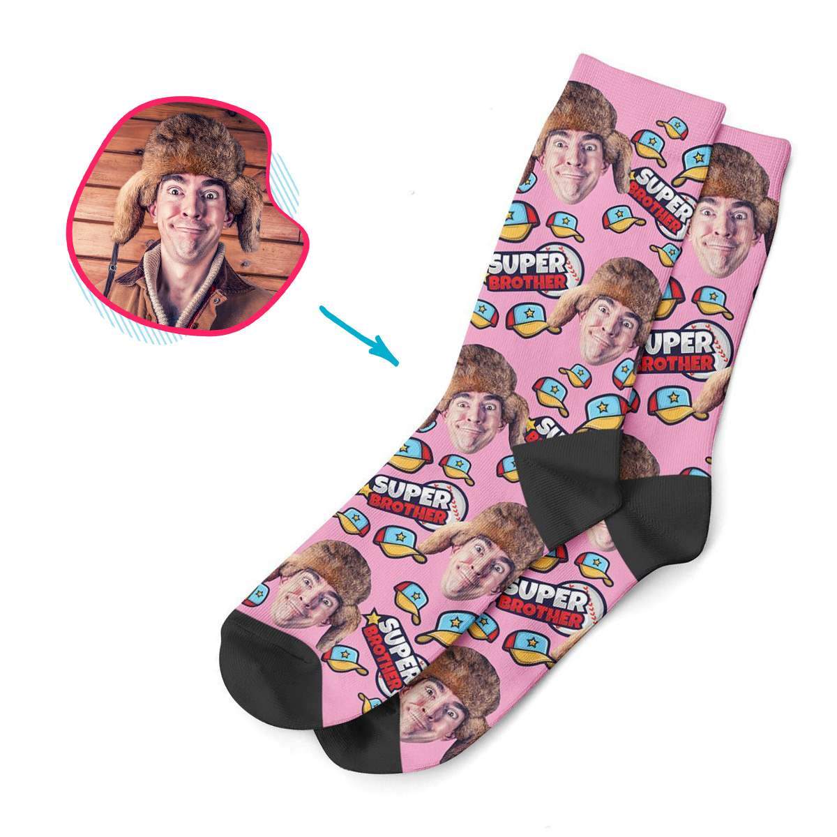 pink Super Brother socks personalized with photo of face printed on them