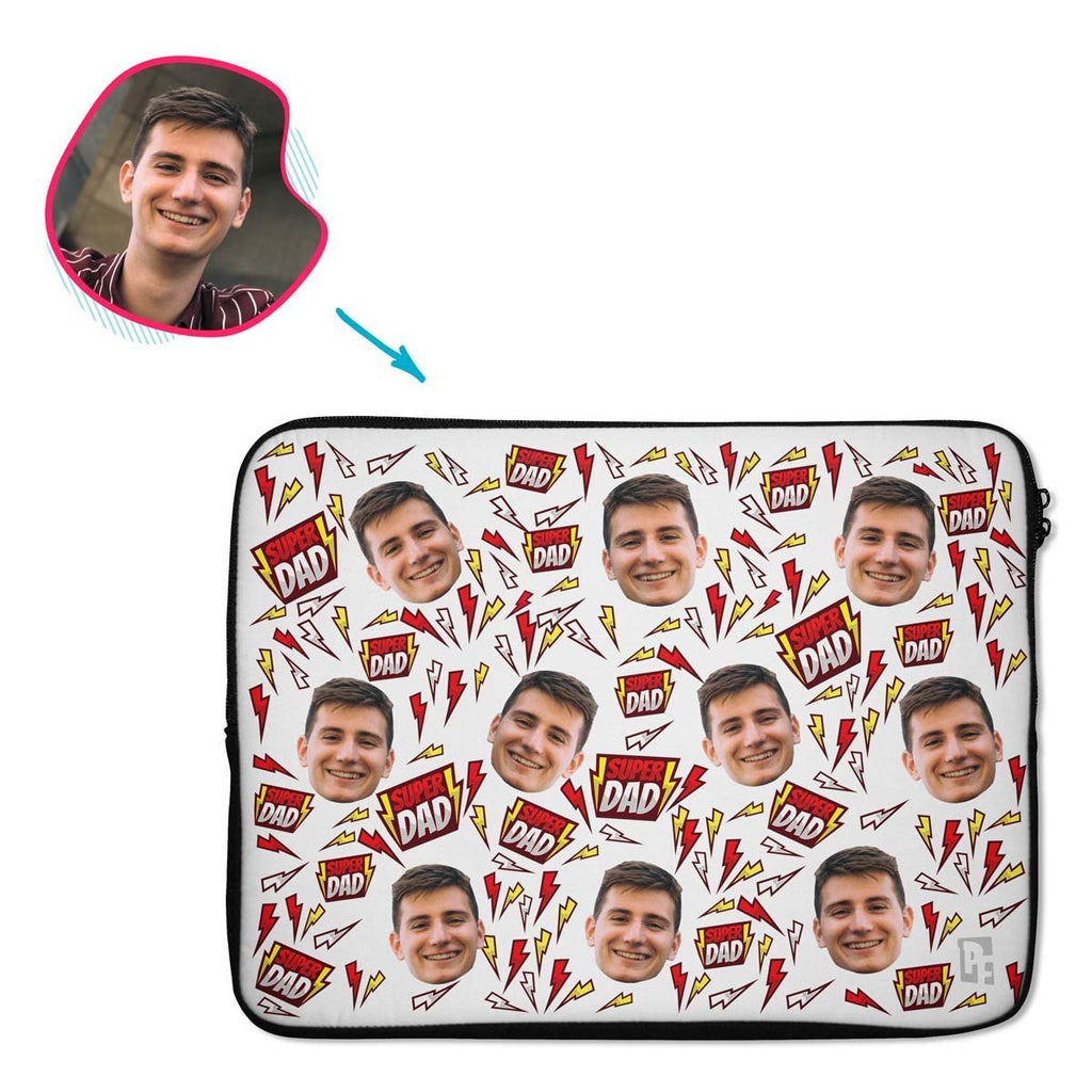 white Super Dad laptop sleeve personalized with photo of face printed on them