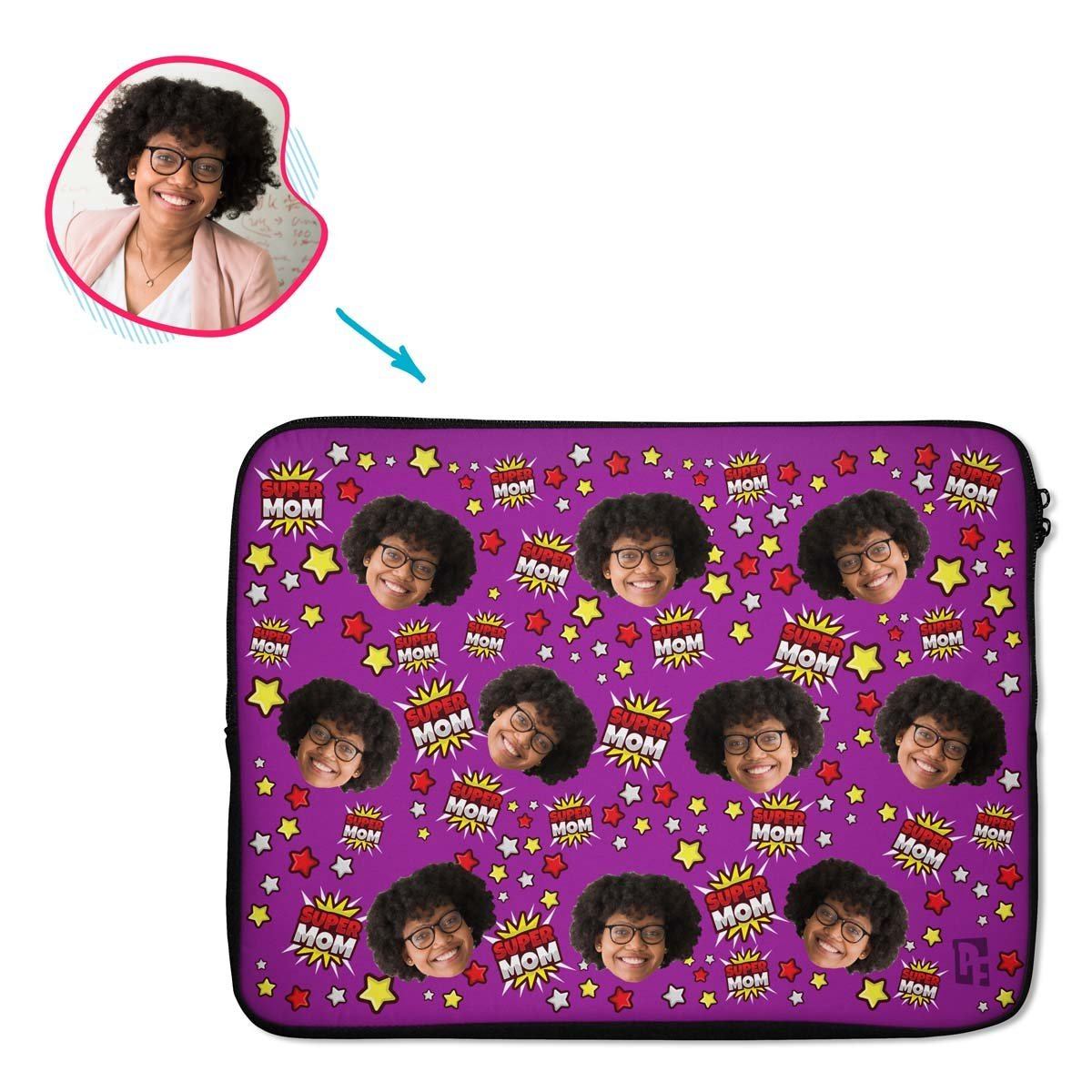 purple Super Mom laptop sleeve personalized with photo of face printed on them
