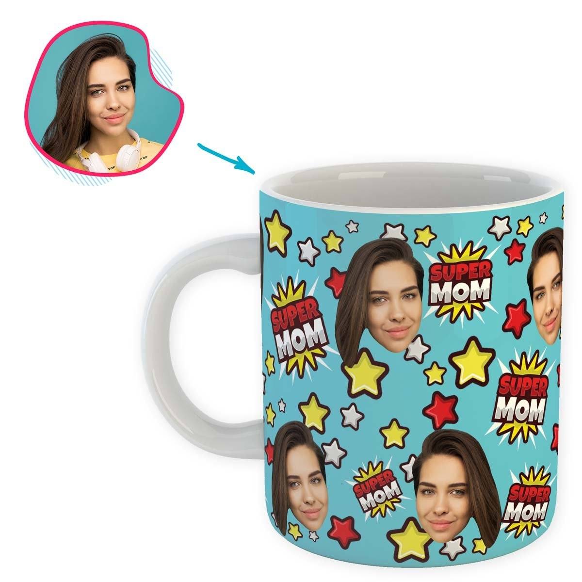 blue Super Mom mug personalized with photo of face printed on it