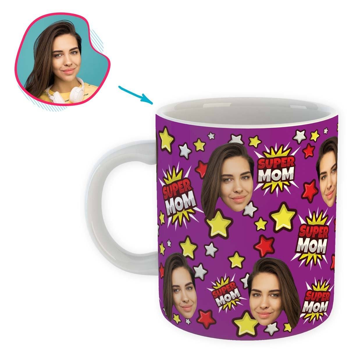 purple Super Mom mug personalized with photo of face printed on it