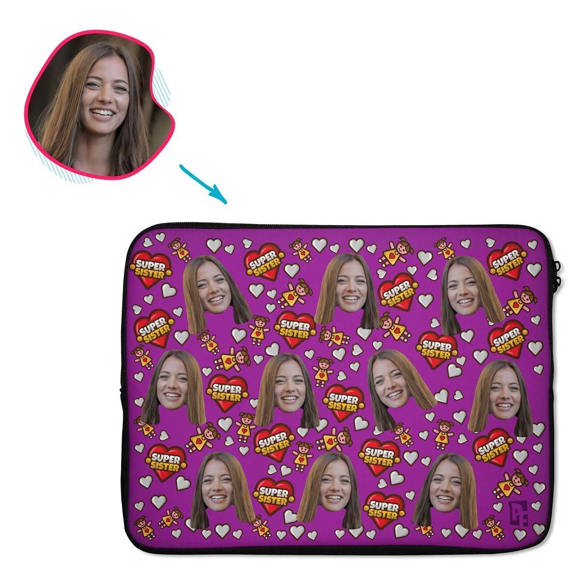 purple Super Sister laptop sleeve personalized with photo of face printed on them