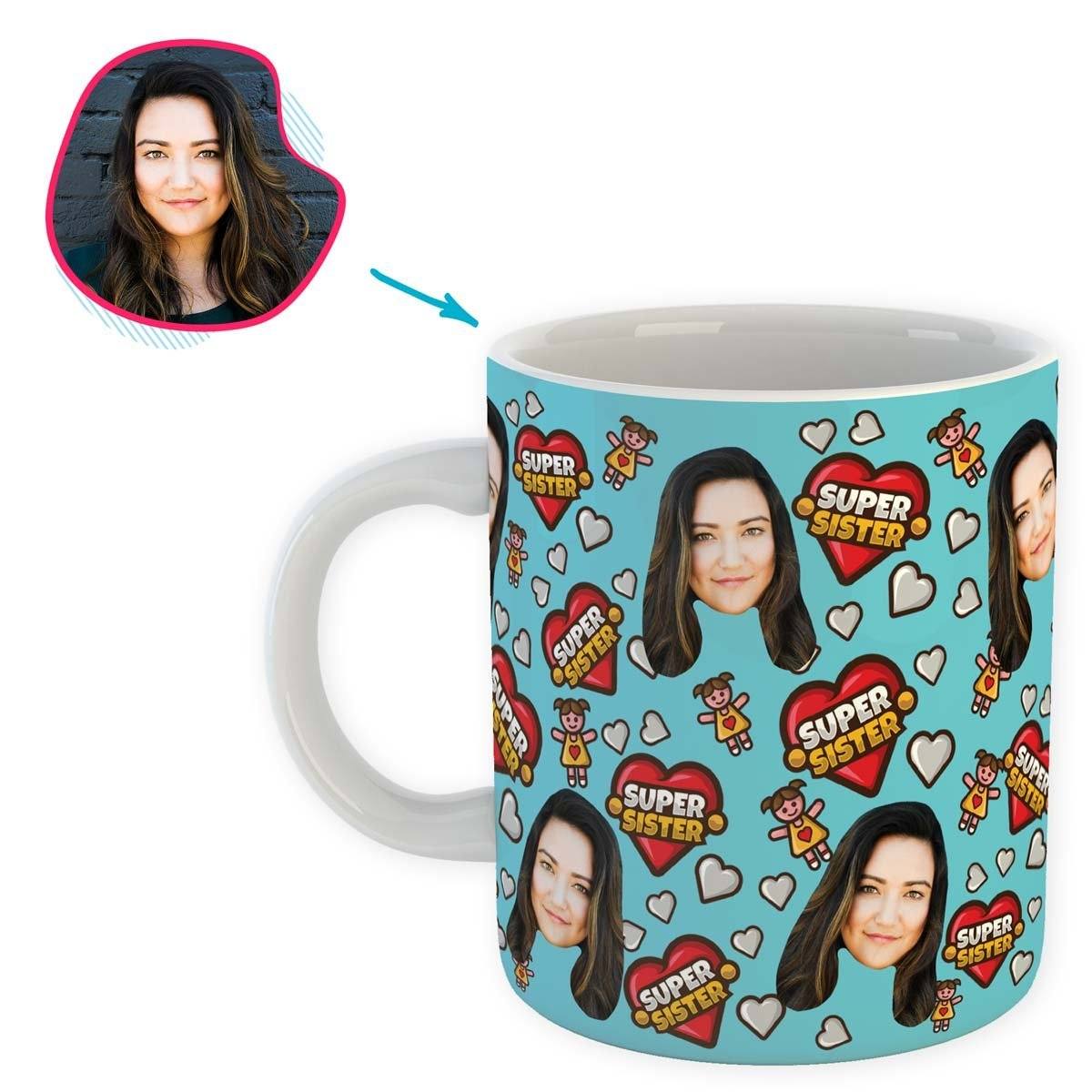 blue Super Sister mug personalized with photo of face printed on it
