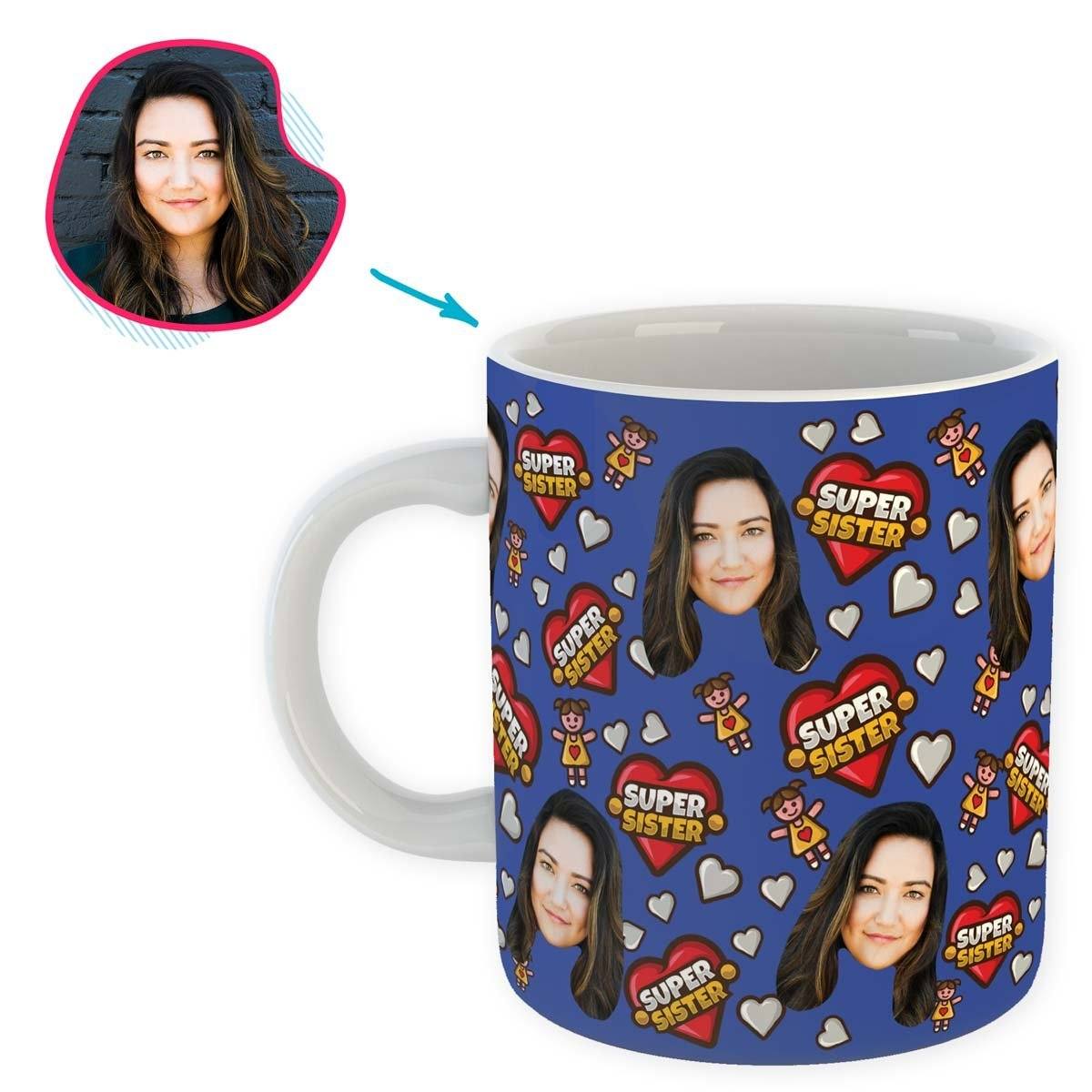darkblue Super Sister mug personalized with photo of face printed on it