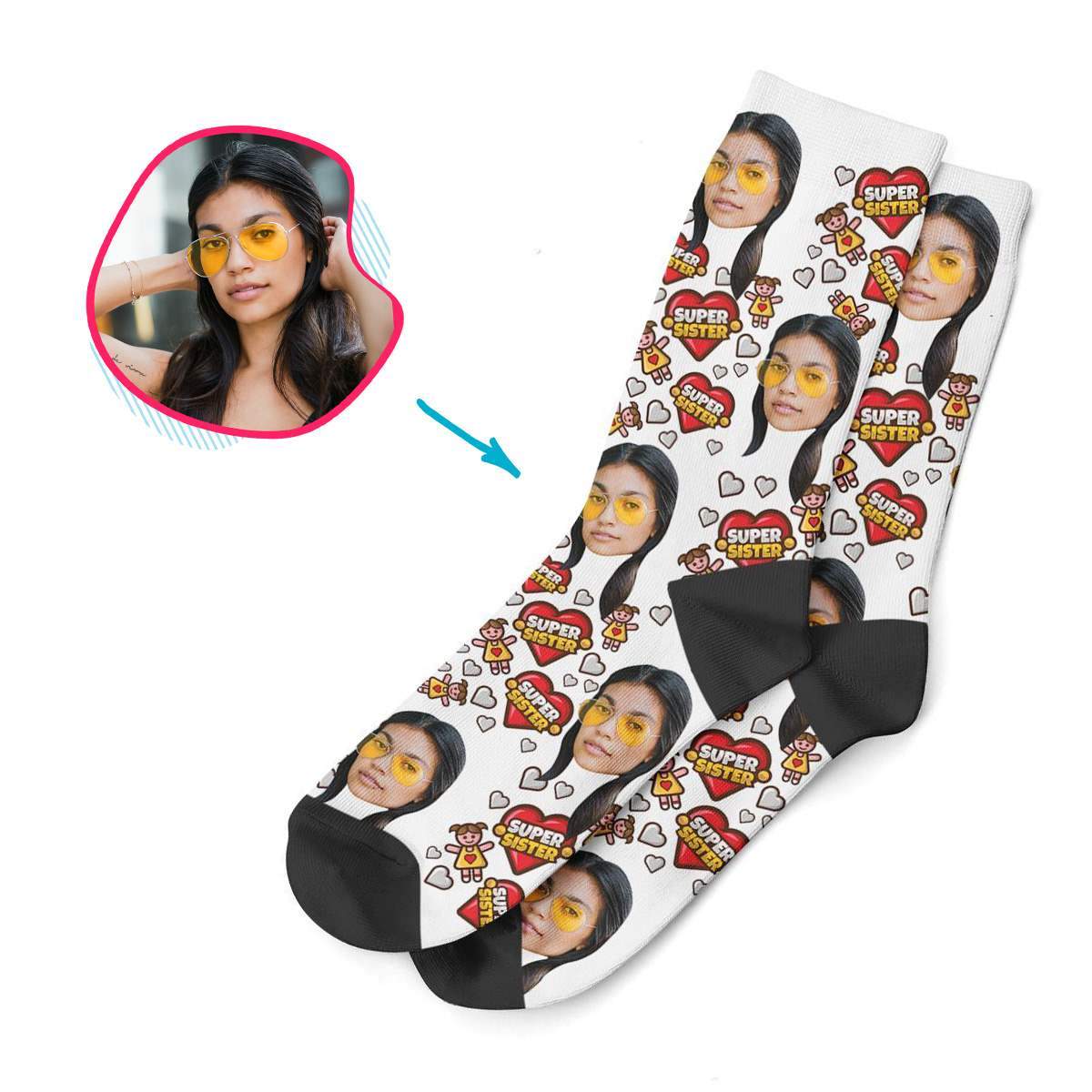 dark Super Sister socks personalized with photo of face printed on them