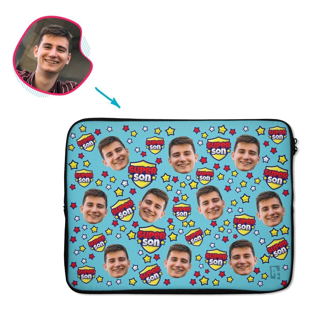 blue Super Son laptop sleeve personalized with photo of face printed on them