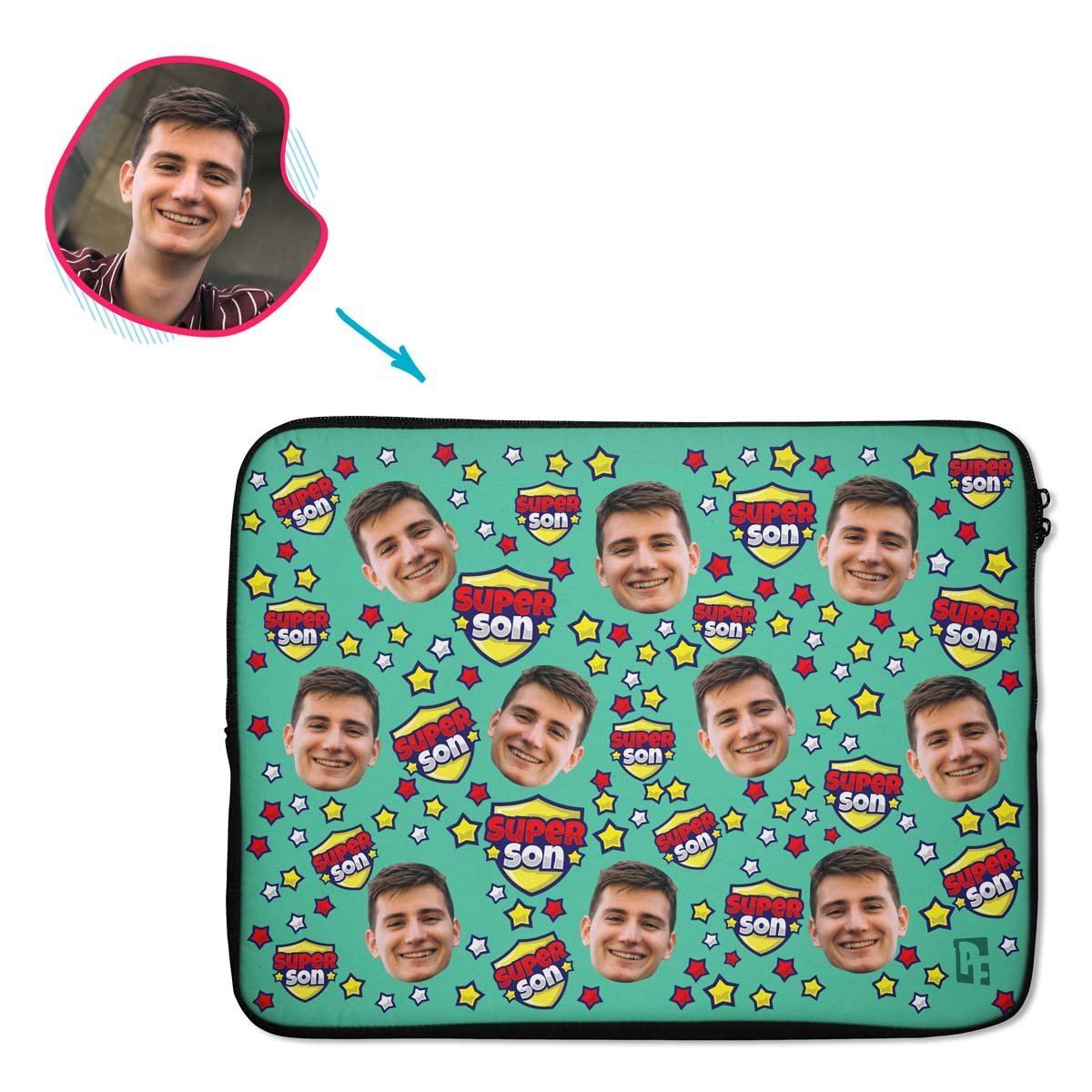 mint Super Son laptop sleeve personalized with photo of face printed on them