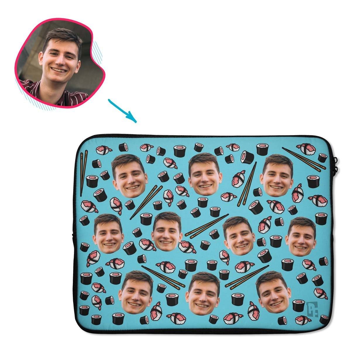 blue Sushi laptop sleeve personalized with photo of face printed on them