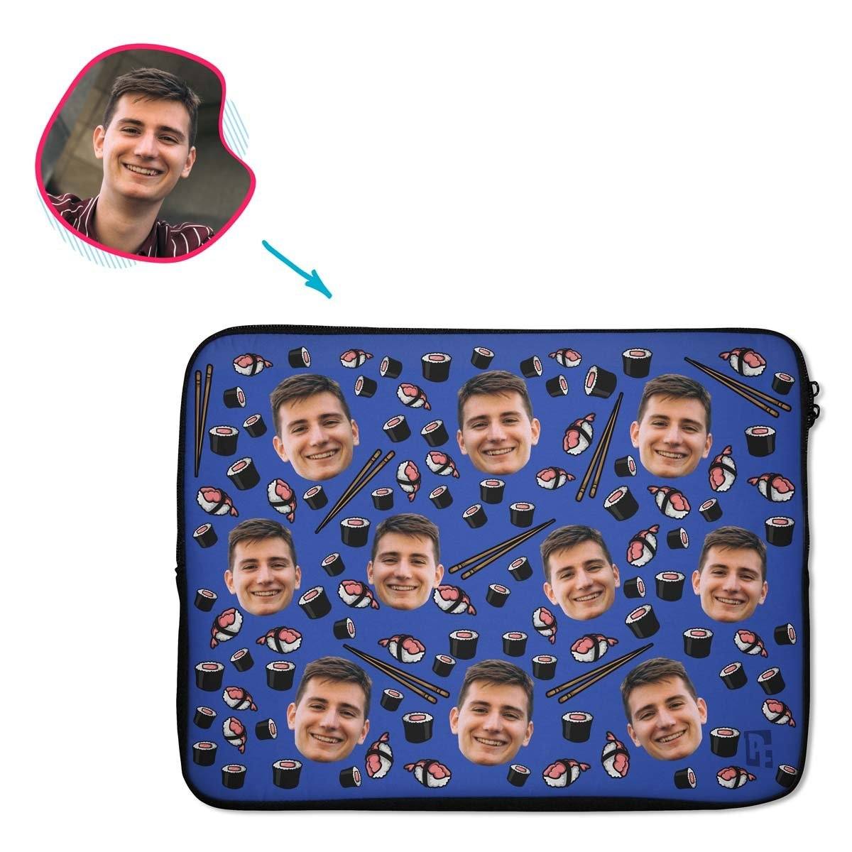 darkblue Sushi laptop sleeve personalized with photo of face printed on them