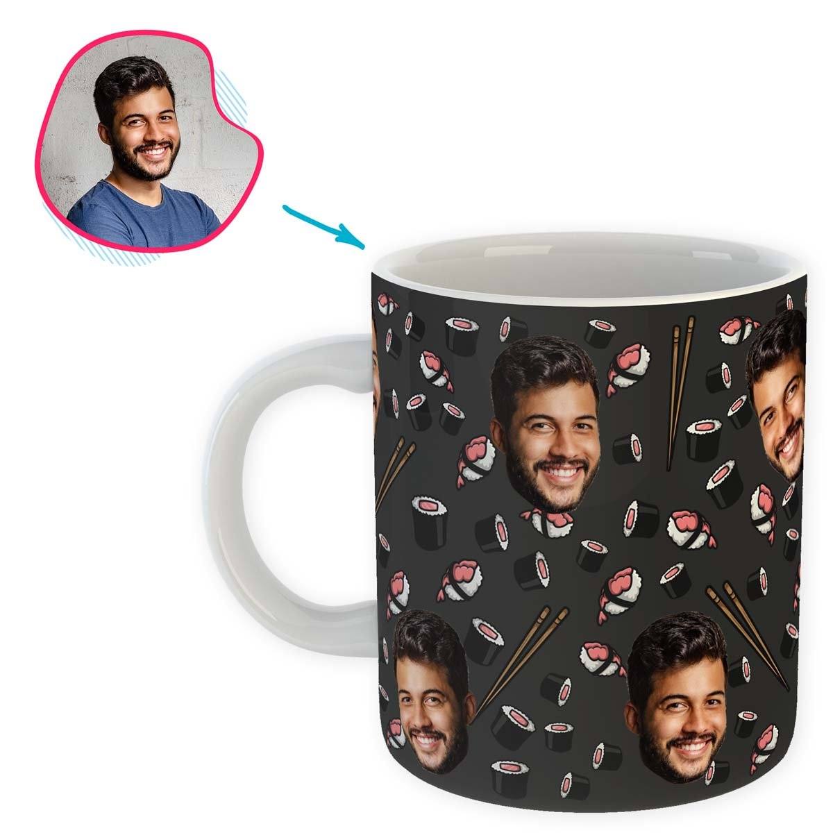 dark Sushi mug personalized with photo of face printed on it