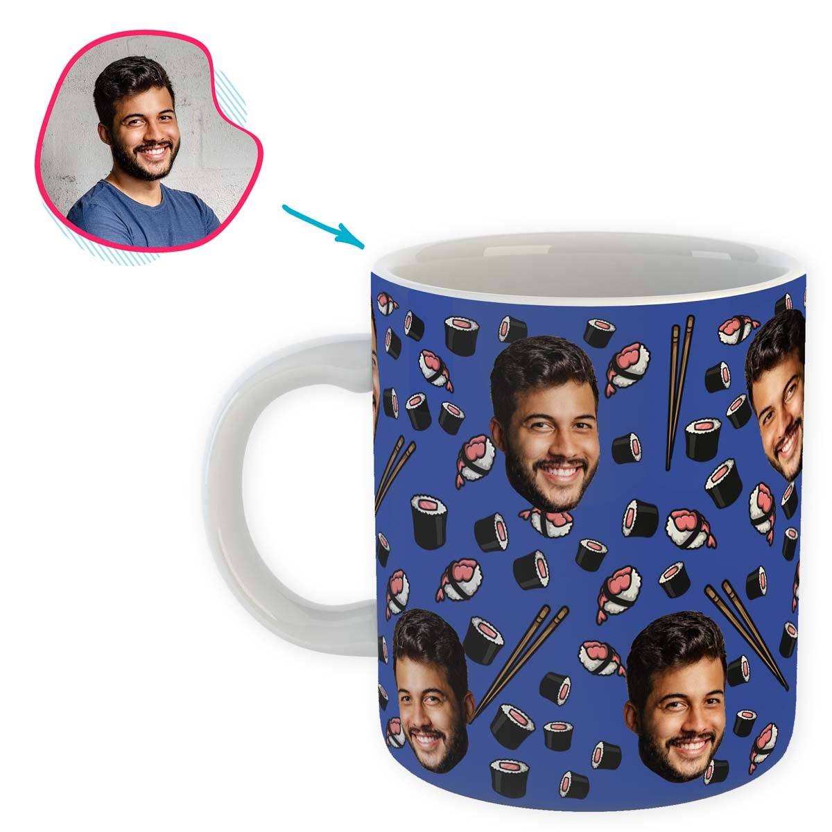 darkblue Sushi mug personalized with photo of face printed on it