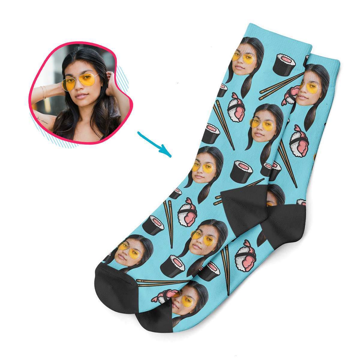 blue Sushi socks personalized with photo of face printed on them