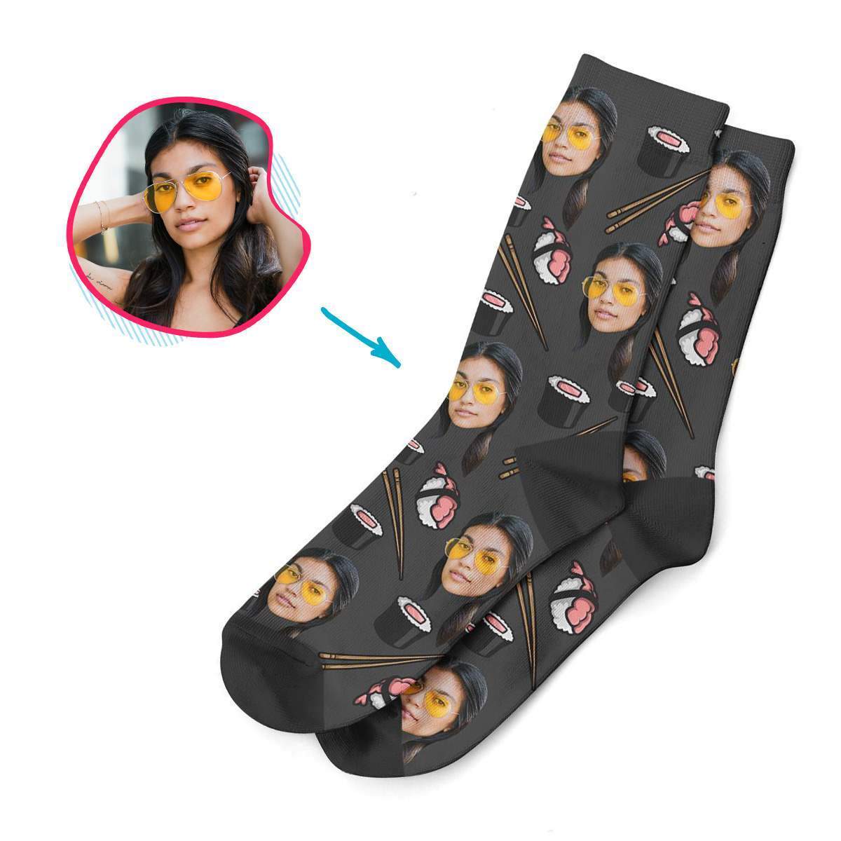 dark Sushi socks personalized with photo of face printed on them
