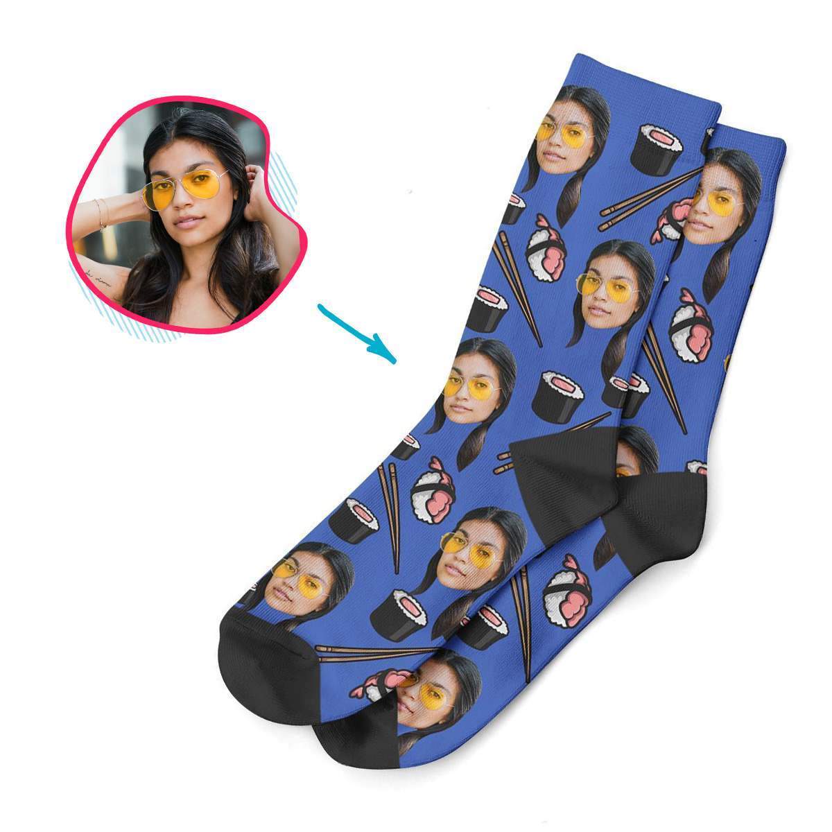 darkblue Sushi socks personalized with photo of face printed on them