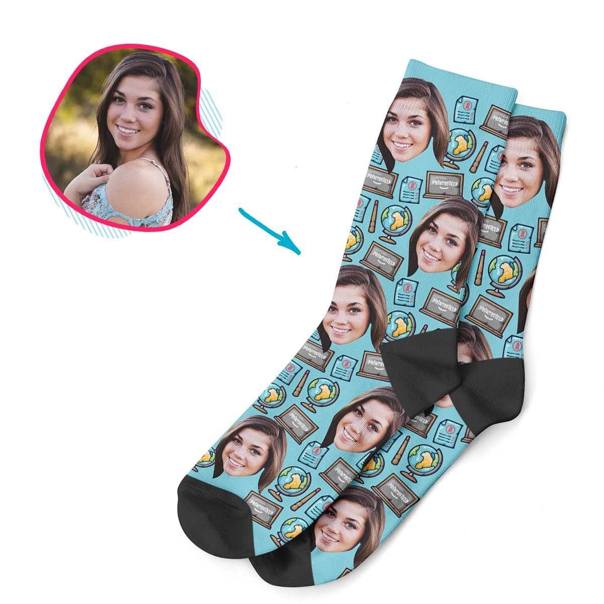 Blue Teacher personalized socks with photo of face printed on them