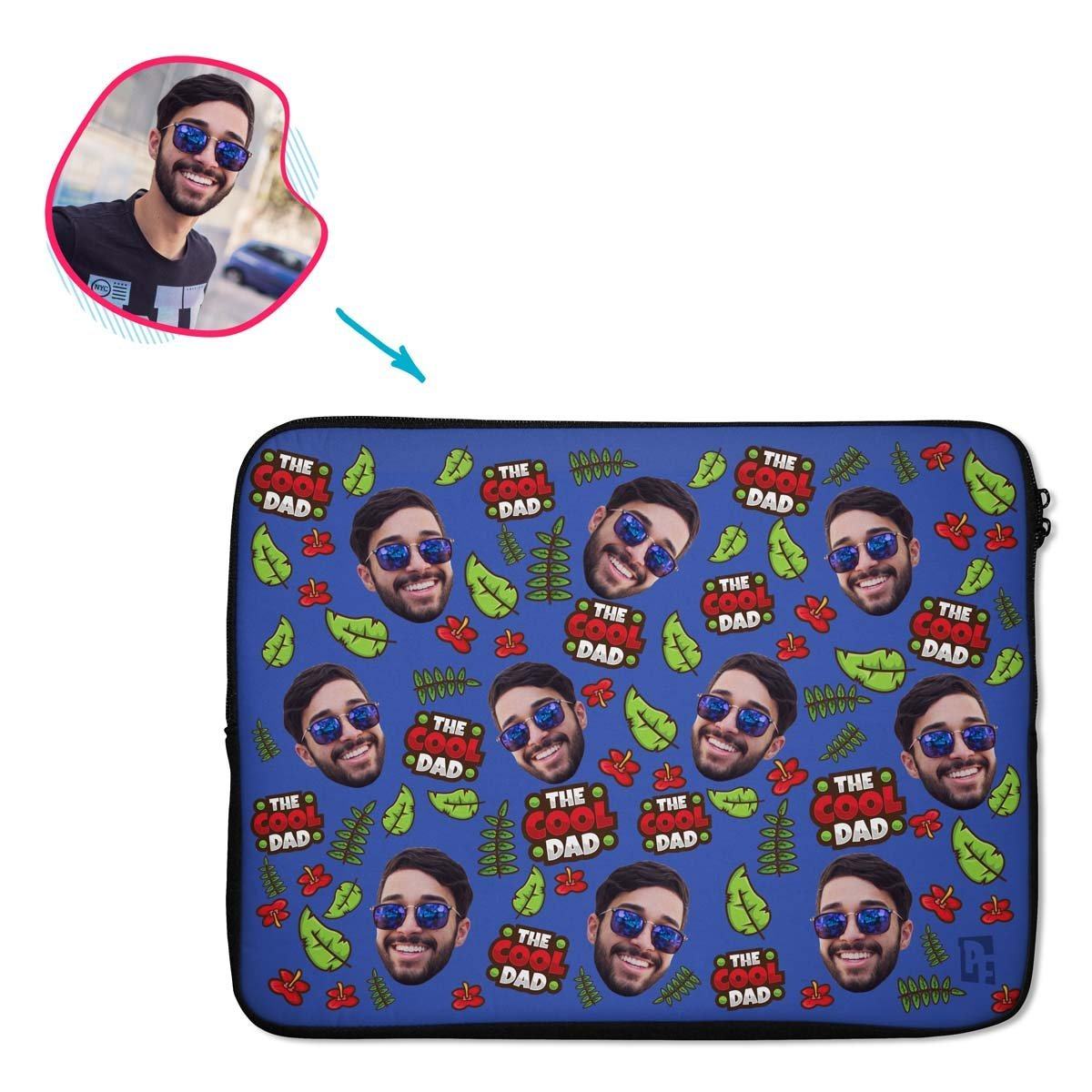 darkblue The Cool Dad laptop sleeve personalized with photo of face printed on them