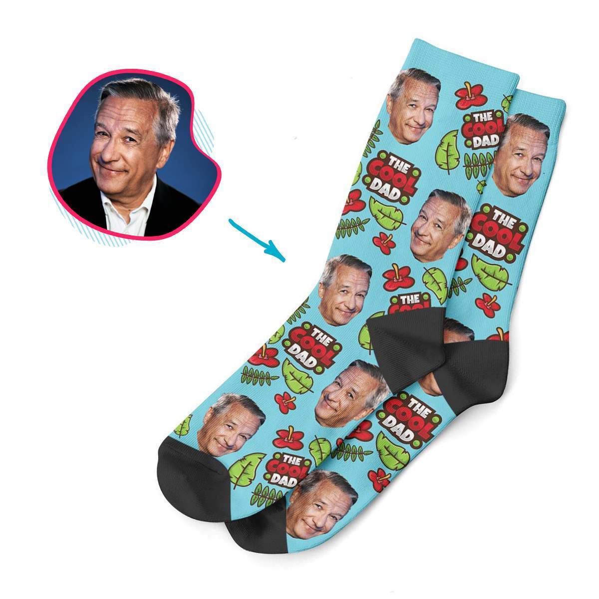 blue The Cool Dad socks personalized with photo of face printed on them