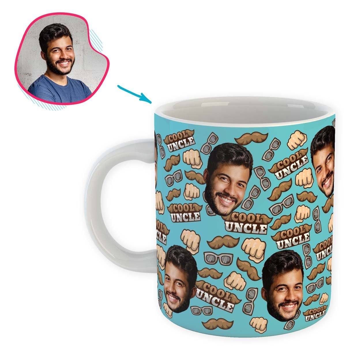 Blue Uncle personalized mug with photo of face printed on it
