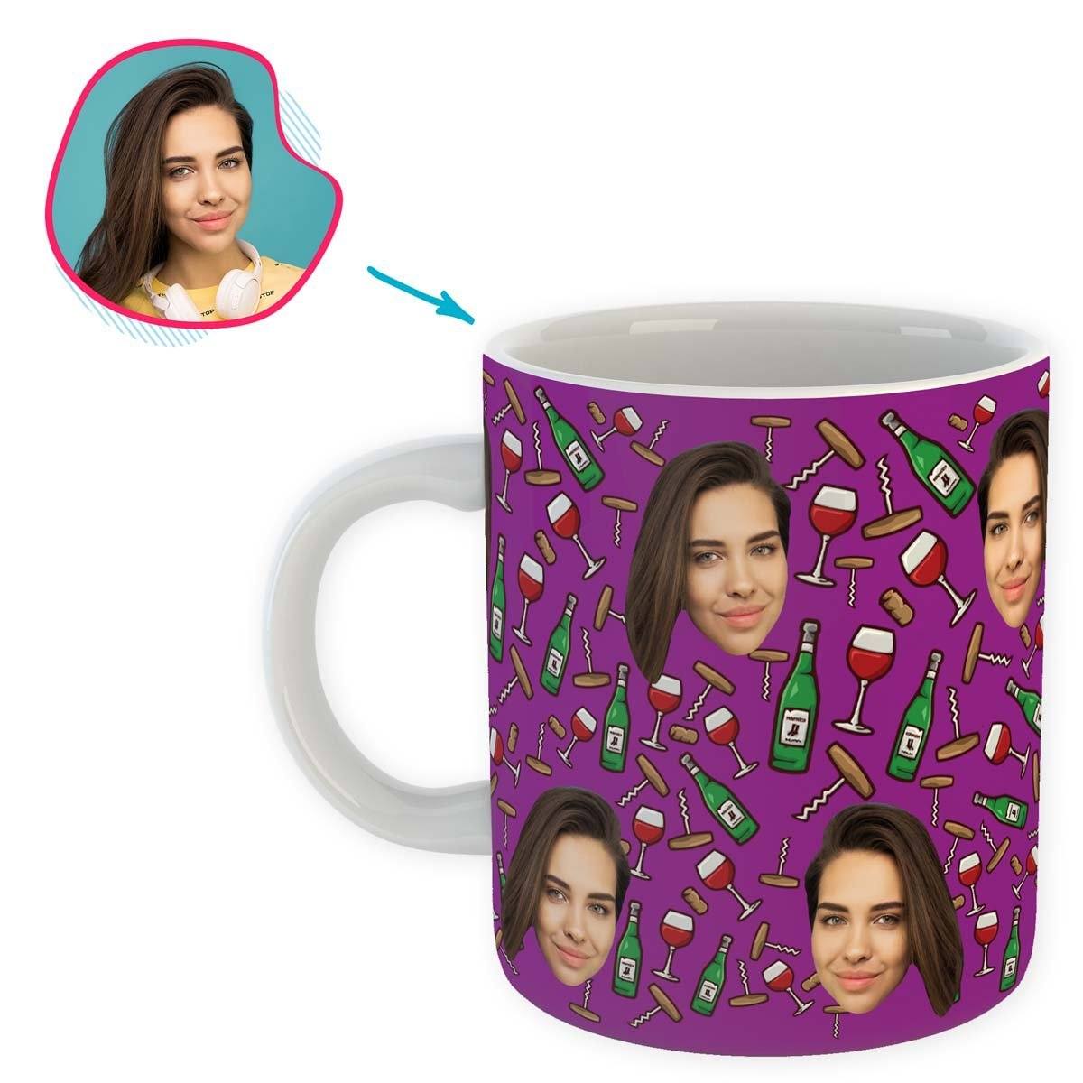 purple Wine mug personalized with photo of face printed on it