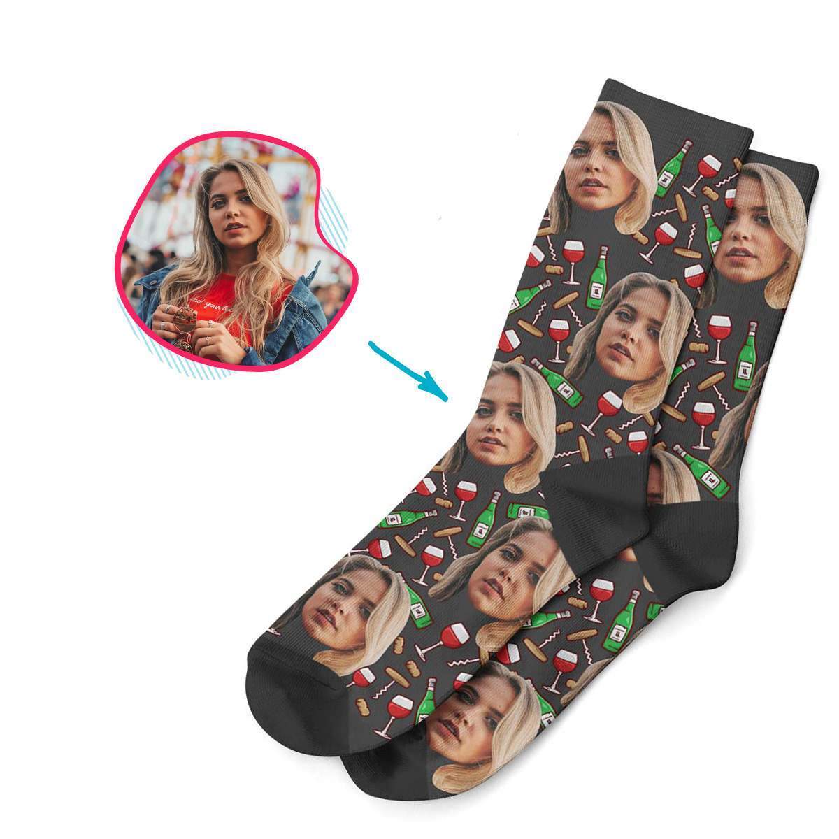 dark Wine socks personalized with photo of face printed on them
