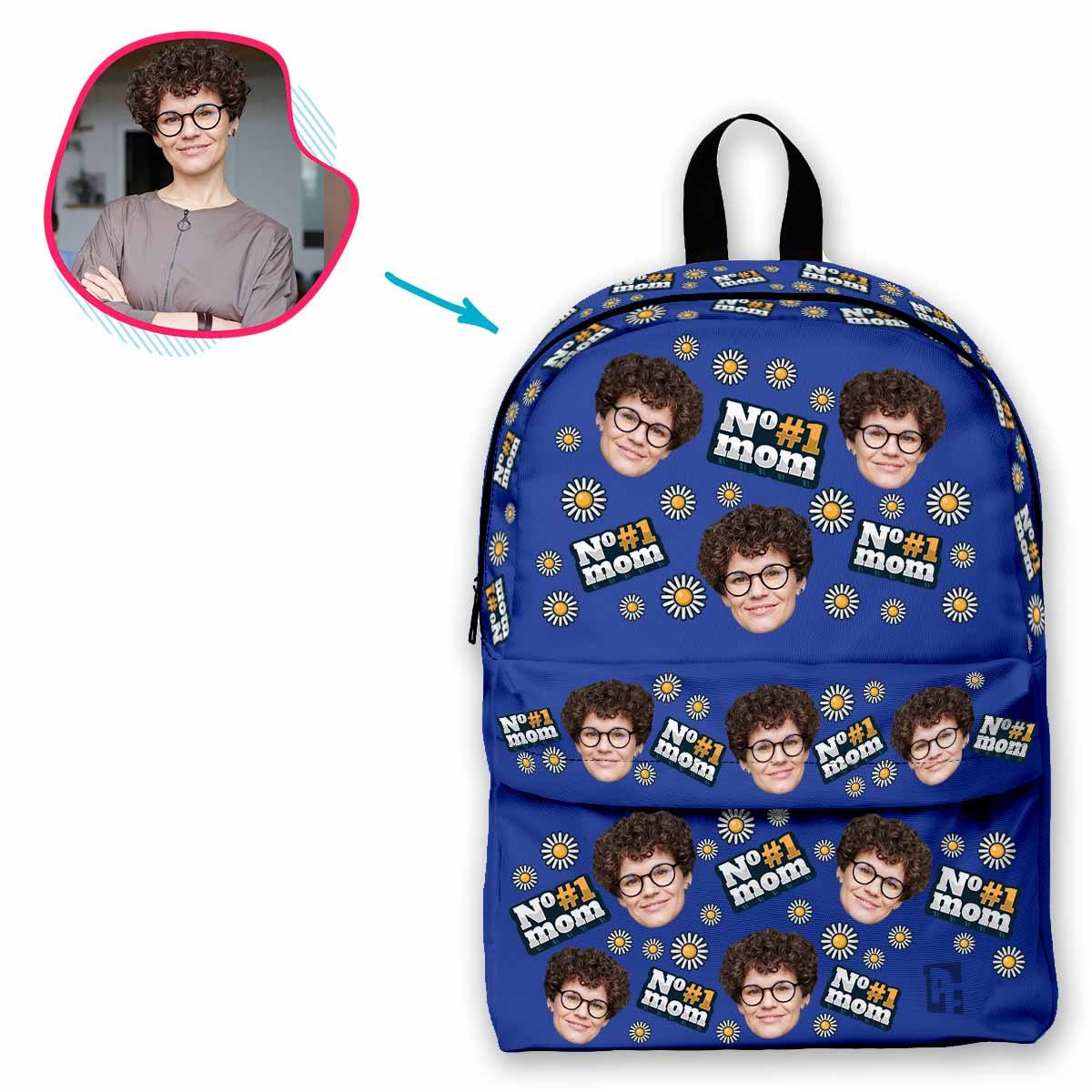 darkblue #1 Mom classic backpack personalized with photo of face printed on it