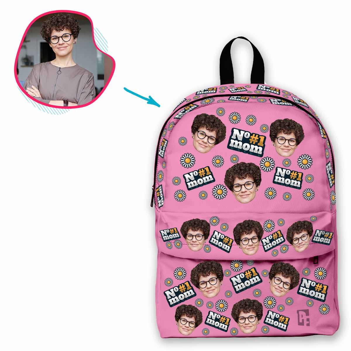 pink #1 Mom classic backpack personalized with photo of face printed on it
