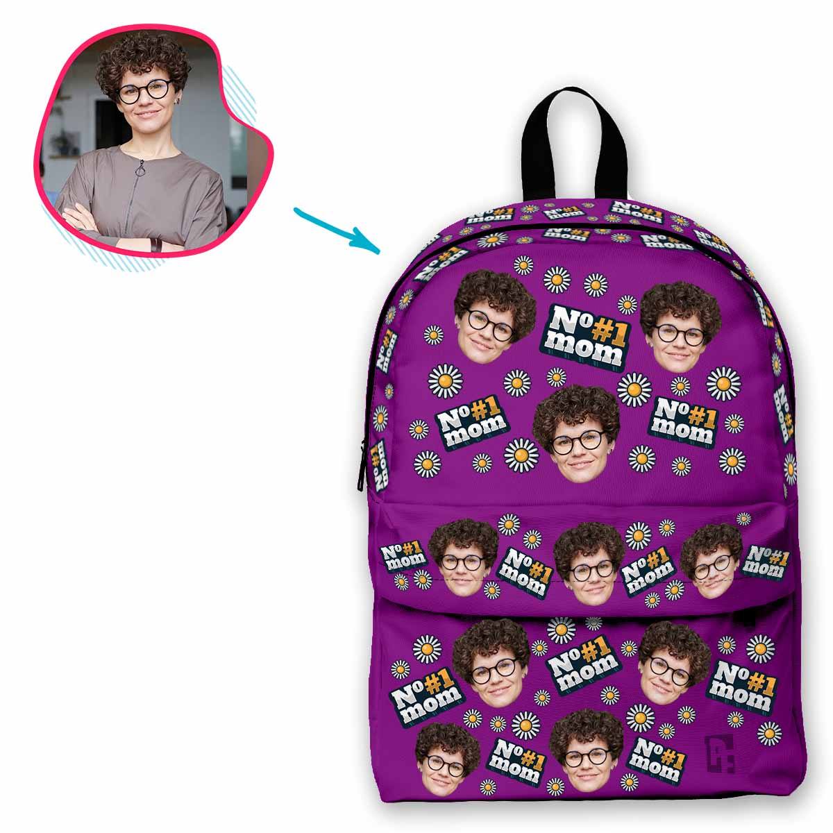 purple #1 Mom classic backpack personalized with photo of face printed on it