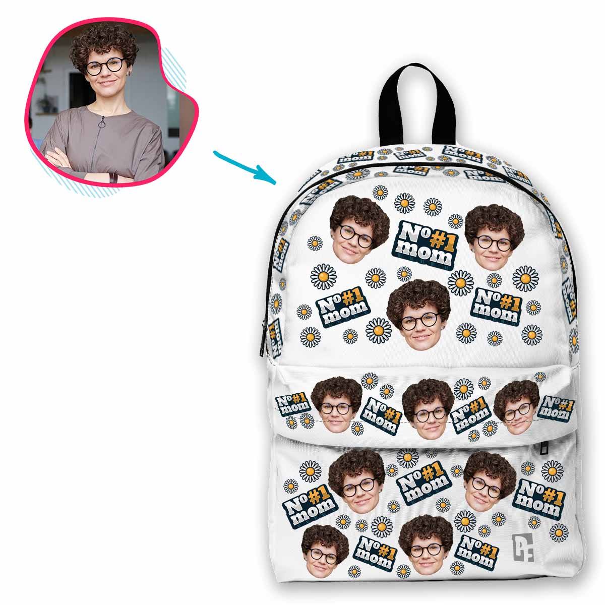 white #1 Mom classic backpack personalized with photo of face printed on it