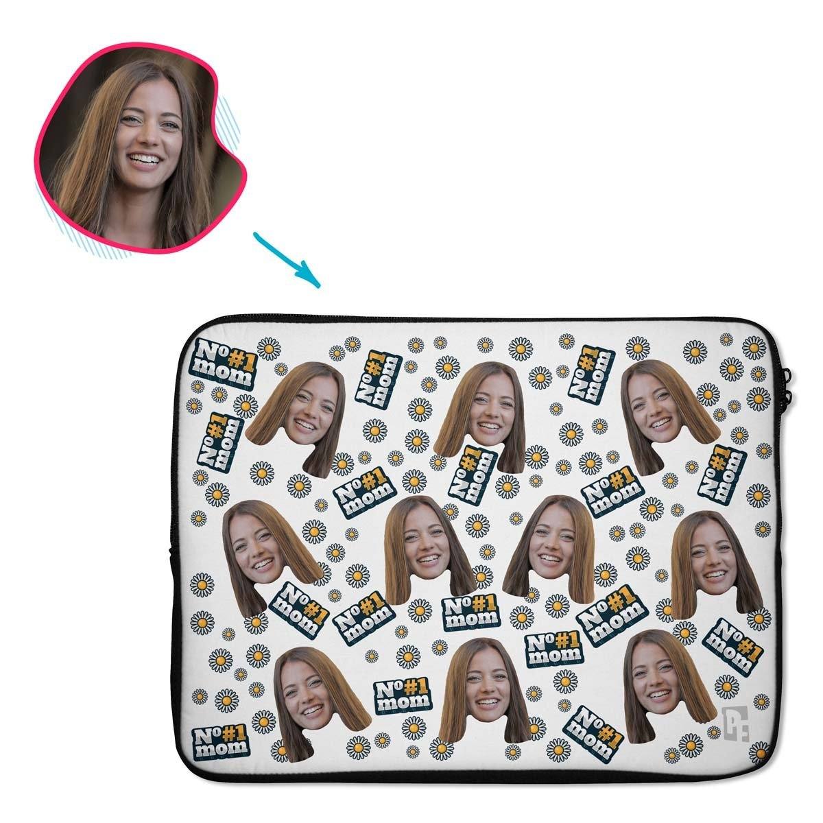 white #1 Mom laptop sleeve personalized with photo of face printed on them