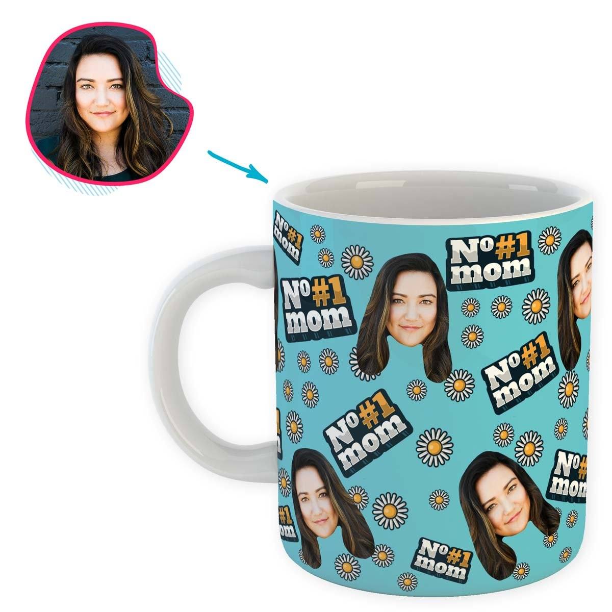blue #1 Mom mug personalized with photo of face printed on it