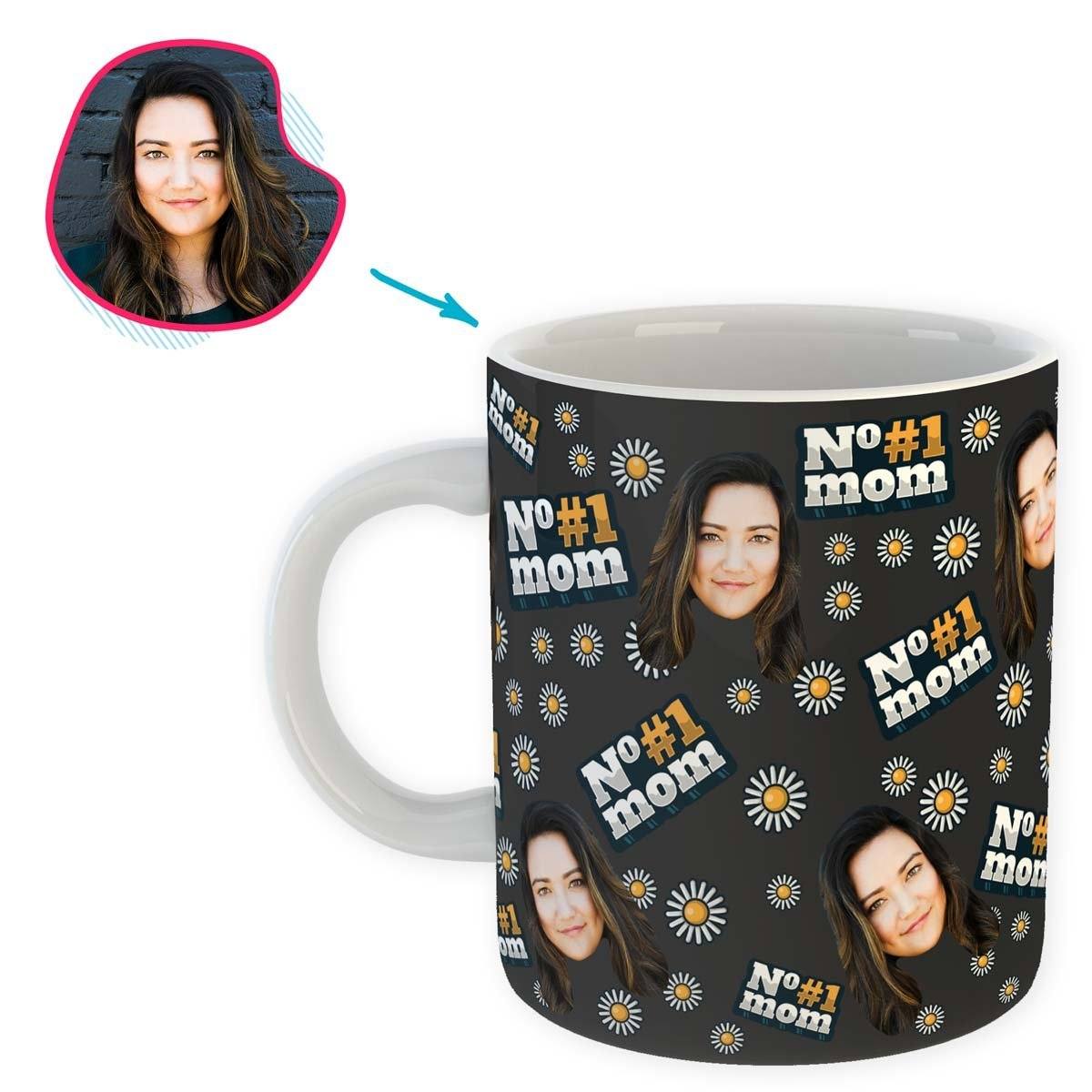 dark #1 Mom mug personalized with photo of face printed on it