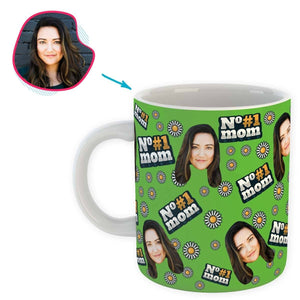 green #1 Mom mug personalized with photo of face printed on it