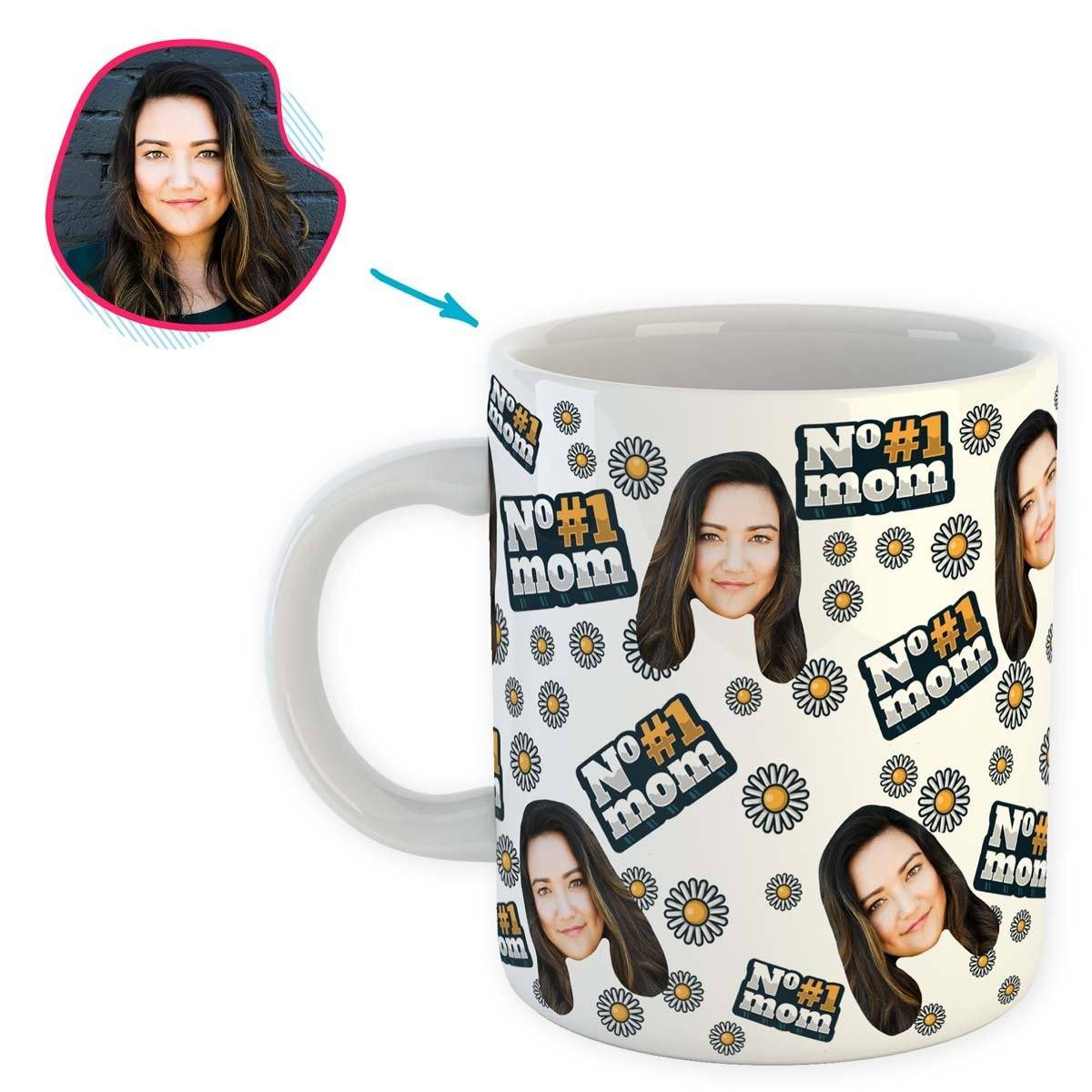 white #1 Mom mug personalized with photo of face printed on it