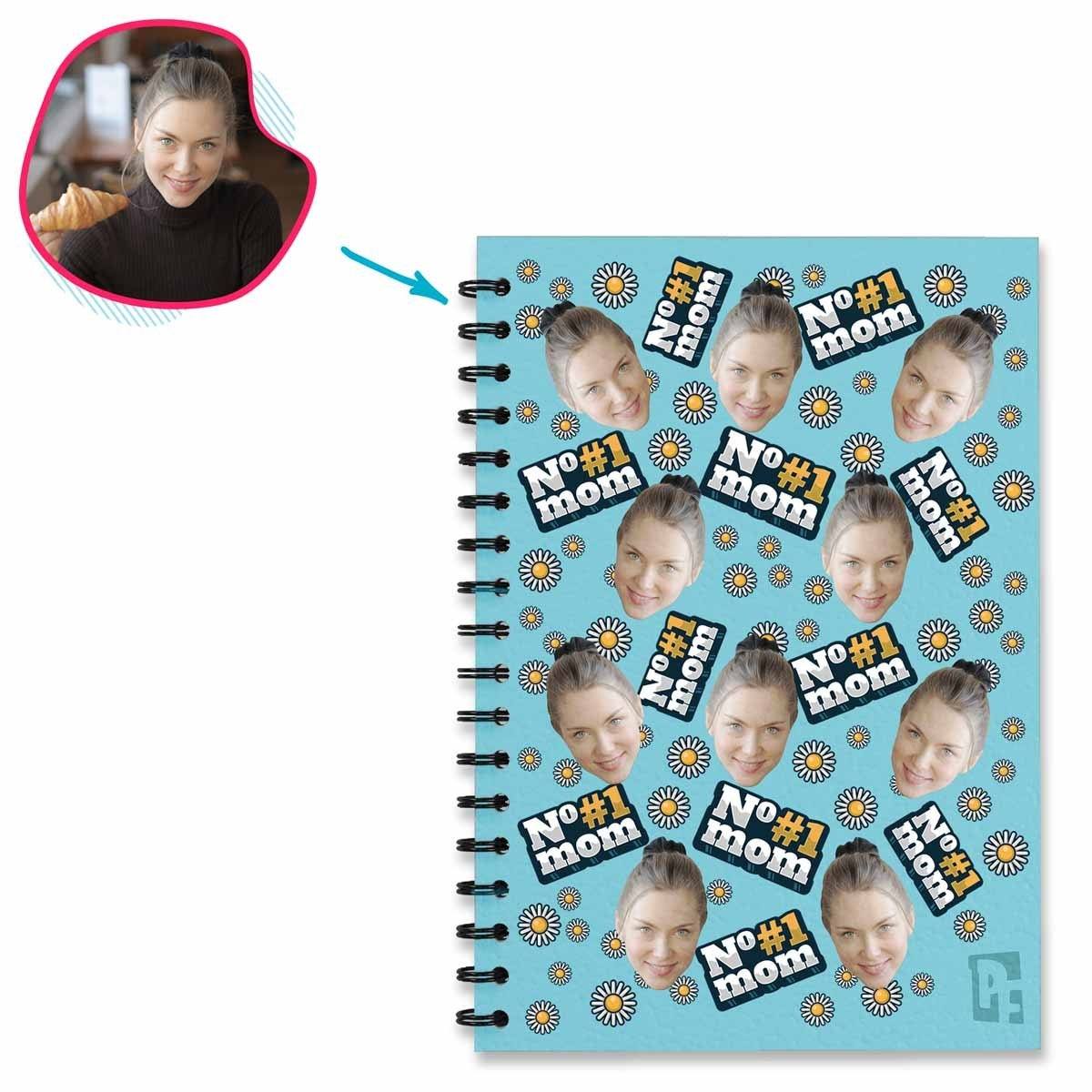blue #1 Mom Notebook personalized with photo of face printed on them