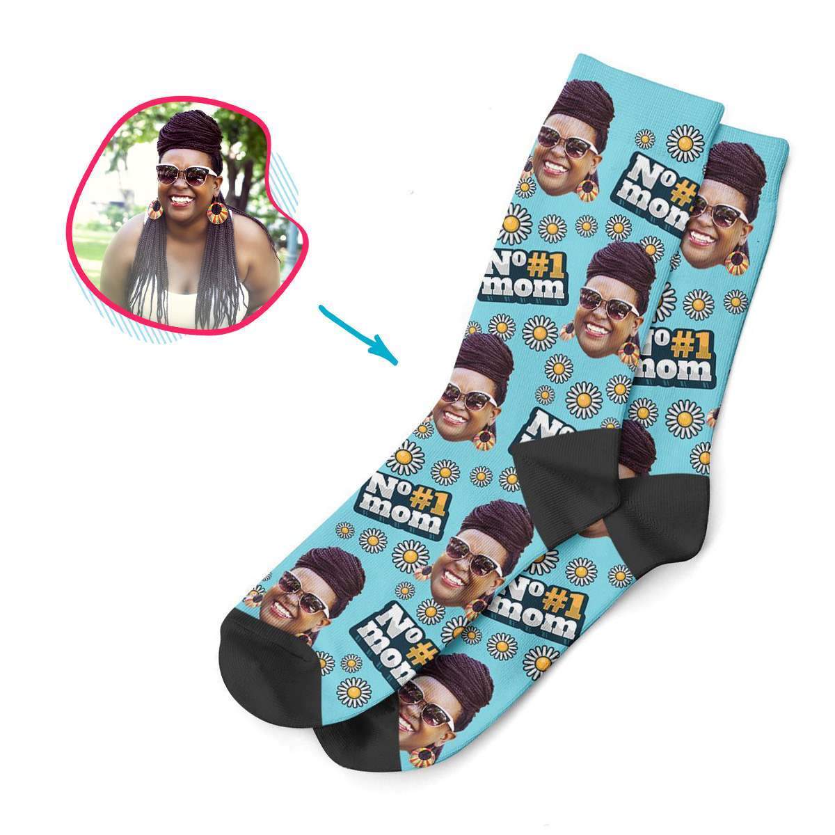 blue #1 Mom socks personalized with photo of face printed on them