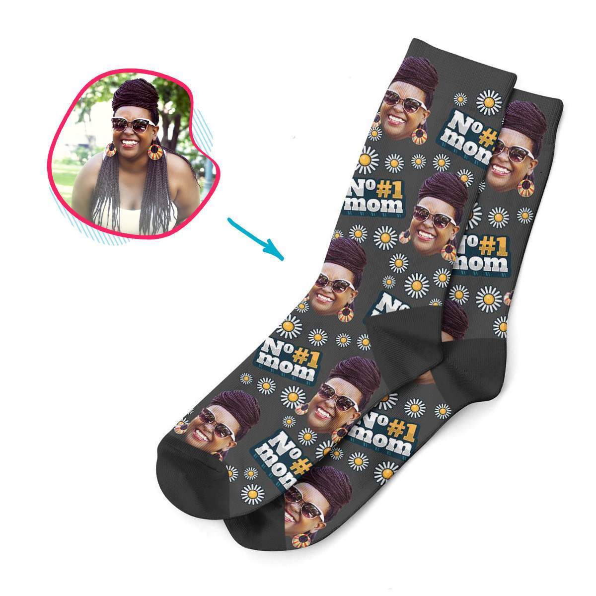 dark #1 Mom socks personalized with photo of face printed on them