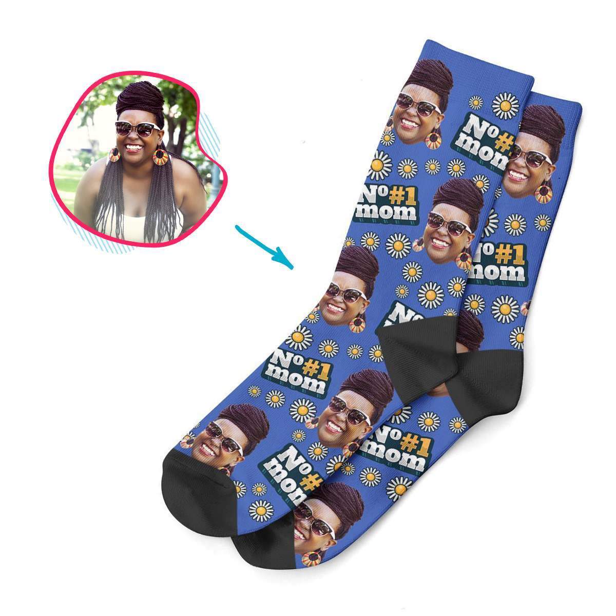 darkblue #1 Mom socks personalized with photo of face printed on them