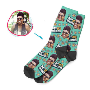 mint #1 Mom socks personalized with photo of face printed on them