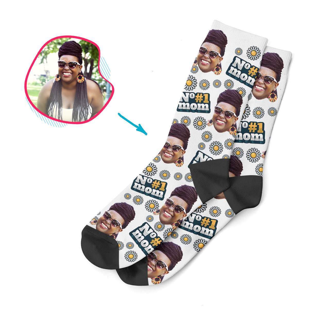 white #1 Mom socks personalized with photo of face printed on them