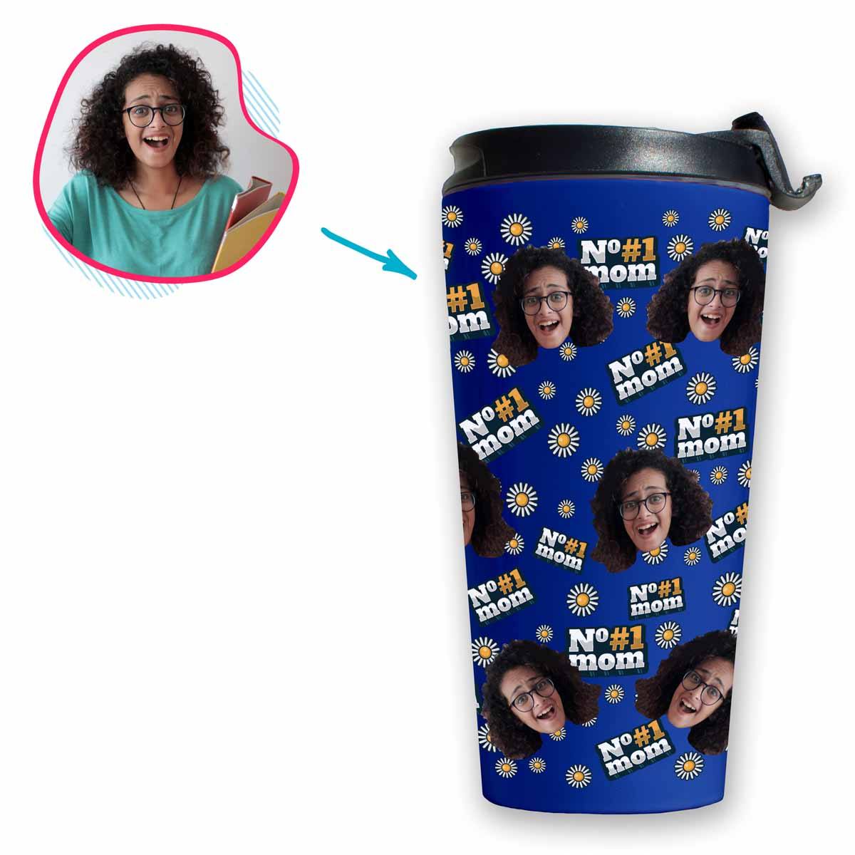 darkblue #1 Mom travel mug personalized with photo of face printed on it