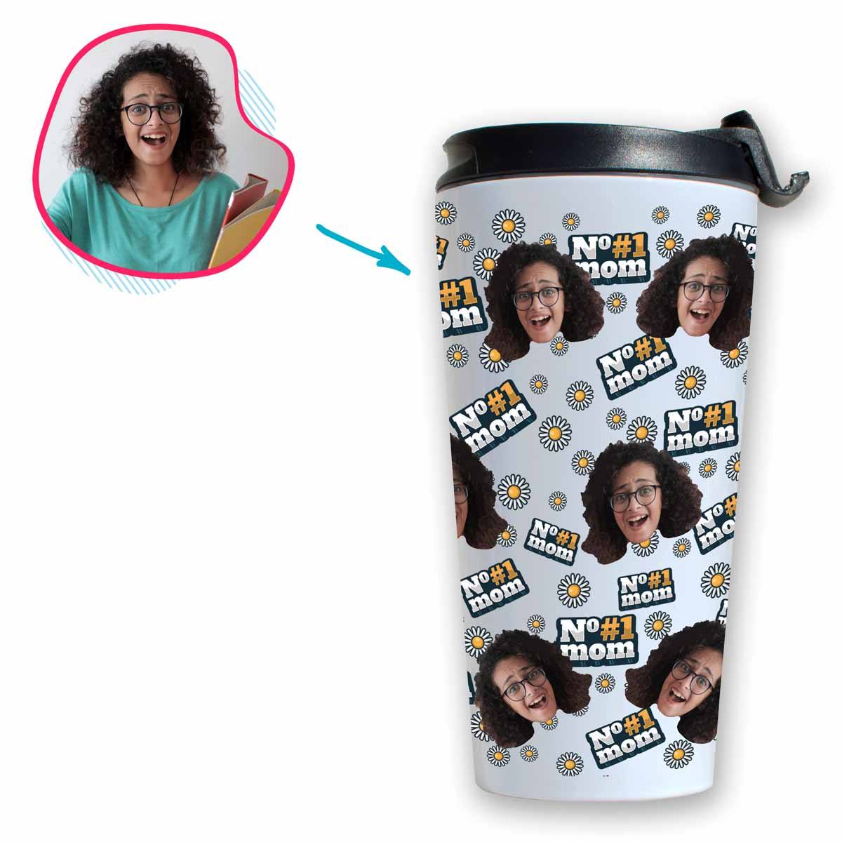 white #1 Mom travel mug personalized with photo of face printed on it