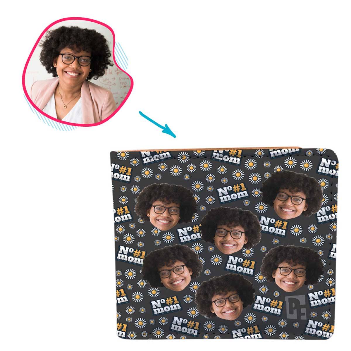 dark #1 Mom wallet personalized with photo of face printed on it