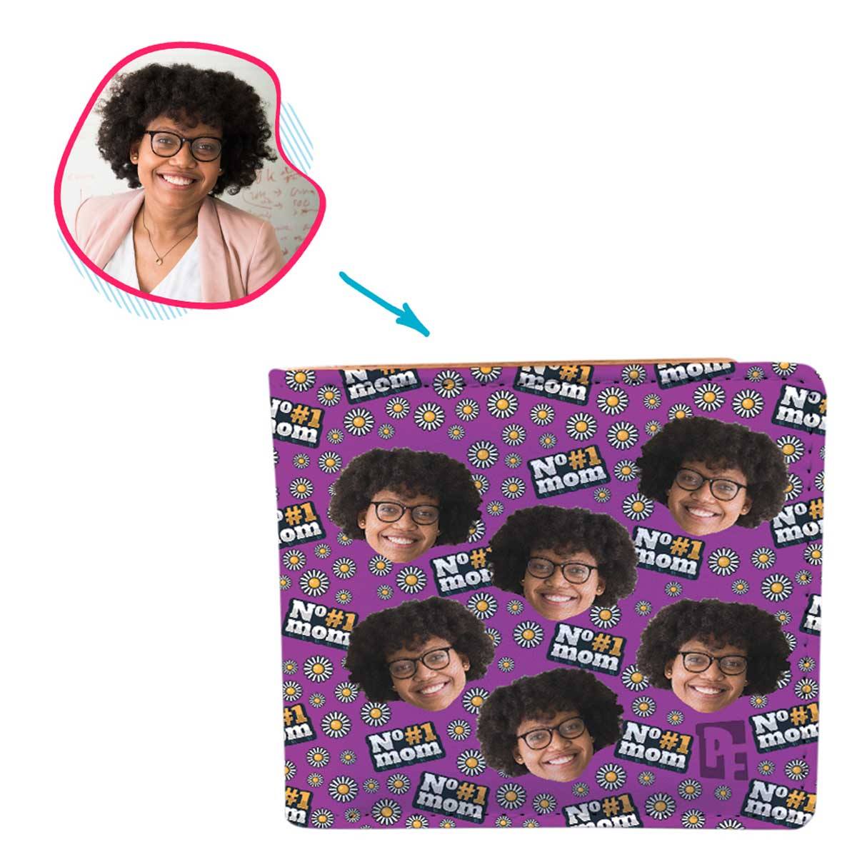 purple #1 Mom wallet personalized with photo of face printed on it